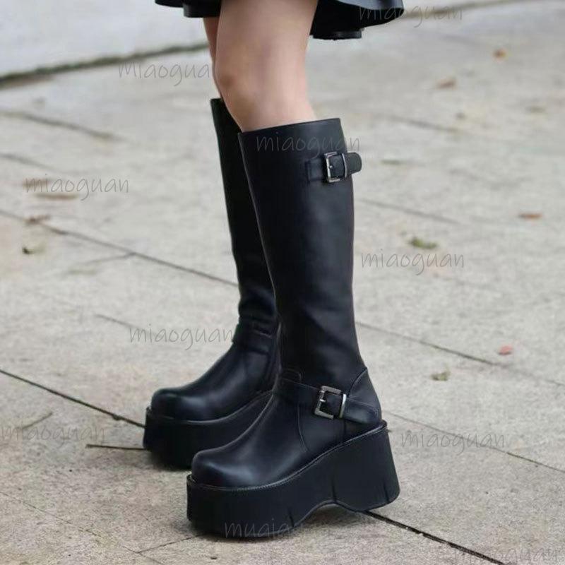 Black Thick Bottom Women's Platform Long Boots Side Zip Chunky Sole Knight Boots Faionable Buckle Straps Botas Altas Mujer 35-40