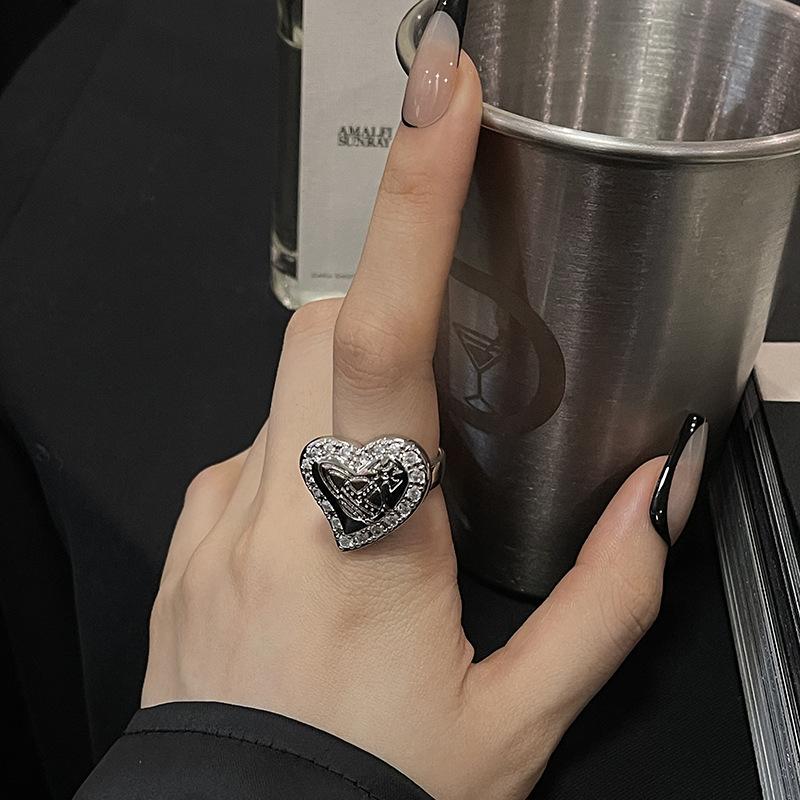 Planet Saturn Full Of Diamonds Love Open Ring Dark Retro Personality Square Full Of Diamonds Zircon Niche Ring Woman