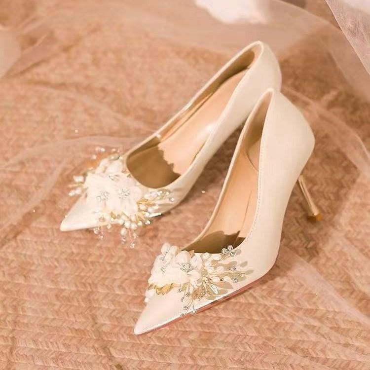 Leisure Classic Pumps for Women Wedding Slip on Thin High Heels Pointed Toe Women Shoes Flower Crystal Bling Summer Sandals