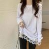 Korean Style White Long Sleeve Base Layer Plus Size Lace T-Shirt for Women, Loose Fit, Buttocks-Covering, 2026 New Arrival