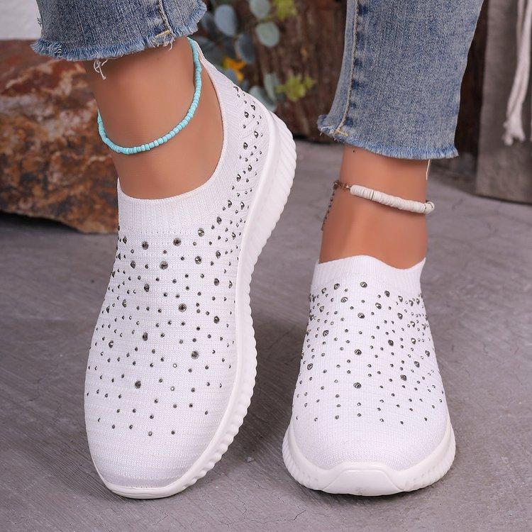 Large size mesh fly-woven casual shoes for women's spring and summer new diamond-encrusted breathable shoes for women