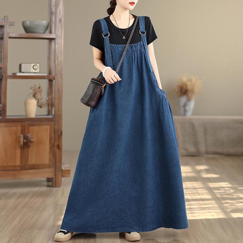 DIMANAF Women Plus Size Denim Blue Dress Maxi Long Dress Sleeveless Vintage Loose Casual Basic Dresses Cottton