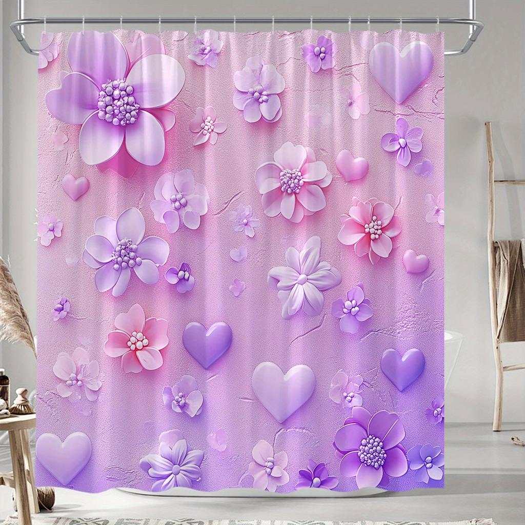 Dreamy Pastel Floral & Heart Bath Curtain - Romantic Digital Print, Polyester,Machine Washable, Stylish Bath Accessory