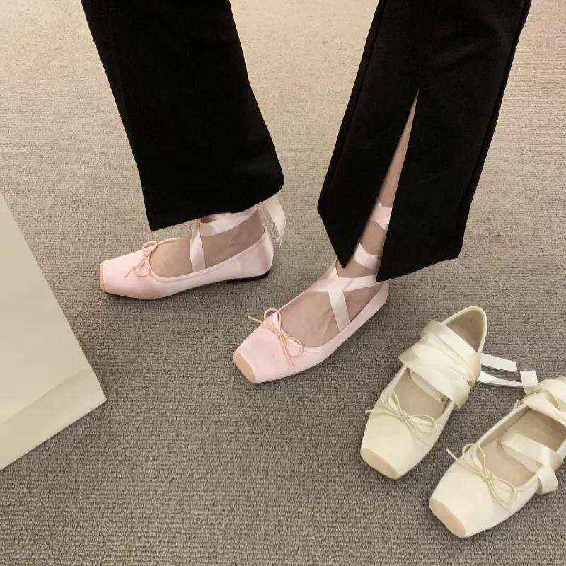 New Women Bow Tie Cross Ballet Flats Shallow Female Sweet Dancing Mary Jane Square Toe Ladies Single Shoe Party Outside