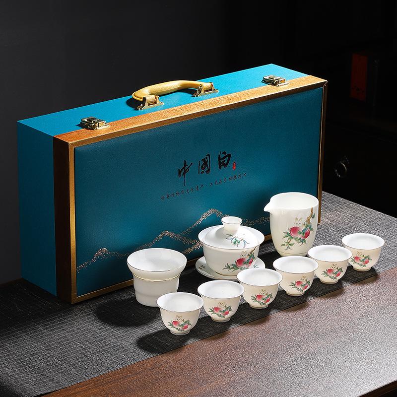 White porcelain cover bowl teacup gold-painted tea maker ceramic gift set suet jade kung fu tea set
