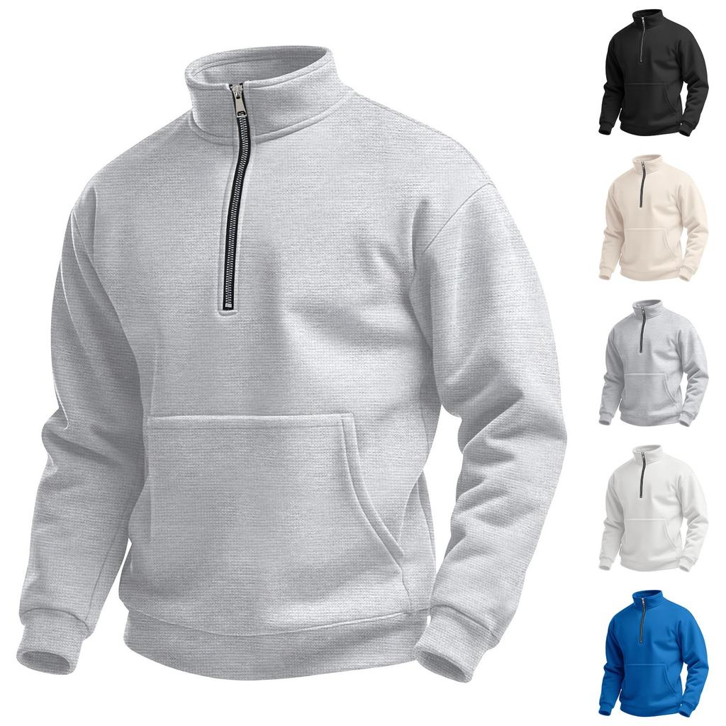 Men's Casual Outdoor High Neck Half Zip Pocket Pullover Long Sleeved Top
