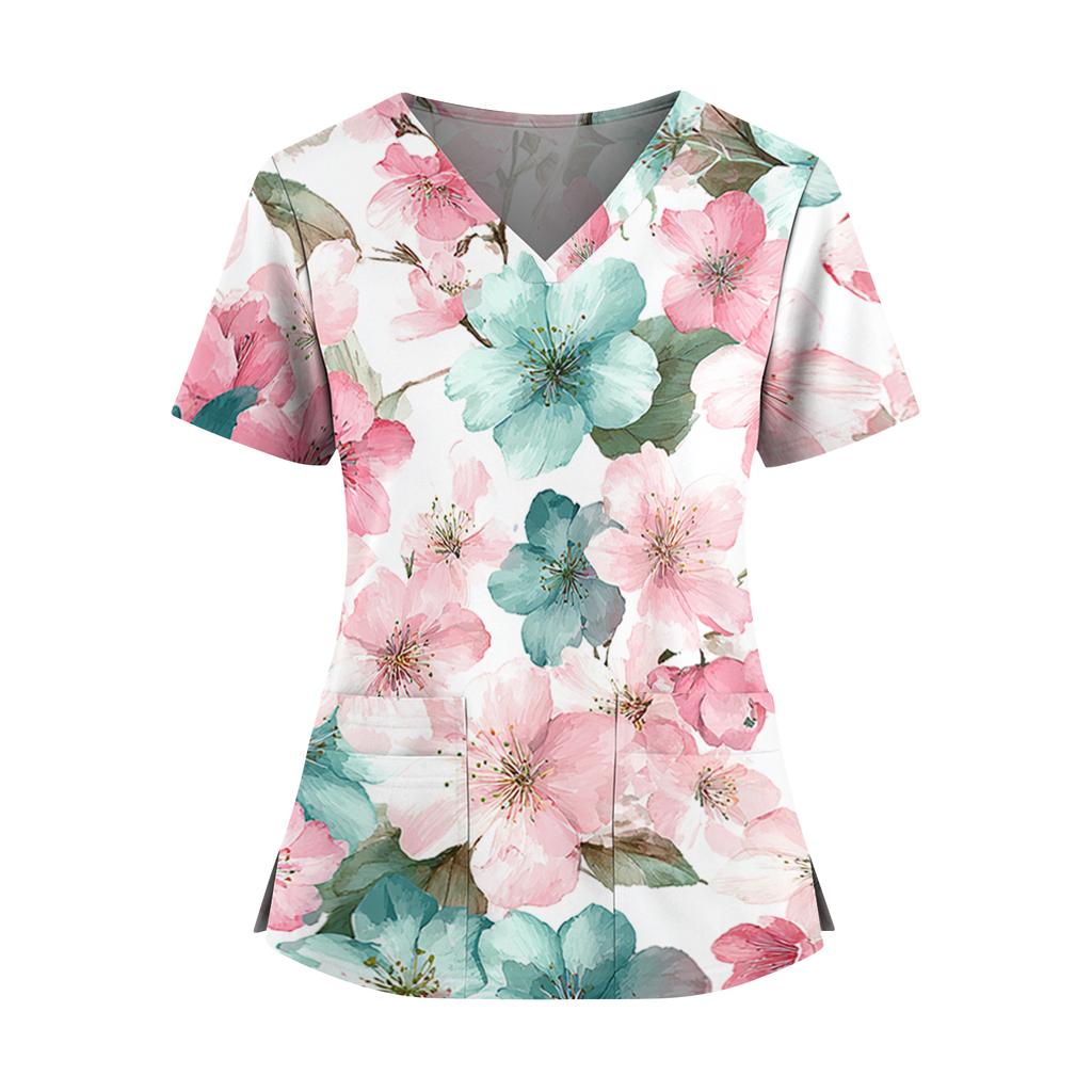 Women's floral print V-neck double pocket short-sleeved uniform/caregiver top with slits at the hem