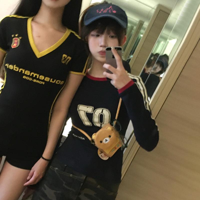 Japanese Y2k Letter Print T Shirt Vintage Harajuku Long Sleeve Jersey T-shirt American Retro Streetwear 2000s Aesthetics