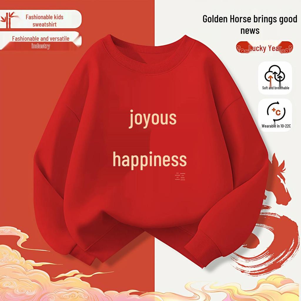 Kid's Fleece-Lined Hoodie for Autumn/Winter - Loose Round Neck, Year of the Horse Zodiac, Red, 2026 Collection