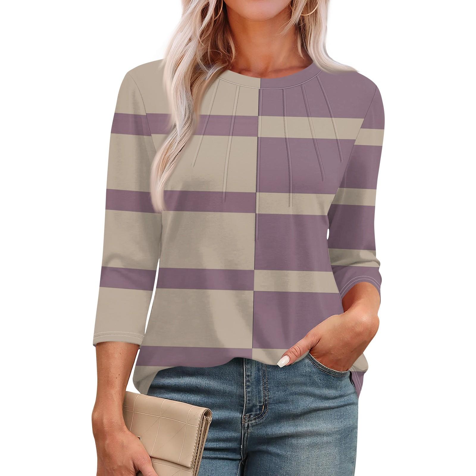 

Женская модная повседневная футболка с круглым вырезом и рукавом семь четвертей в полоску с принтом и плиссировкой XL фиолетовый