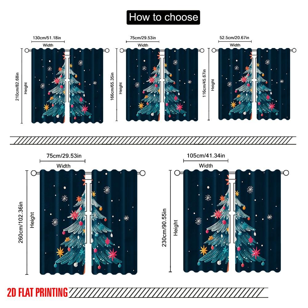 2 Stück, 2D-Flachdruckmuster Vorhänge Lebhafte Schneeflocke & Weihnachtsbaum Vielseitiger Polyesterstoff (ohne Stange) Vielseitig