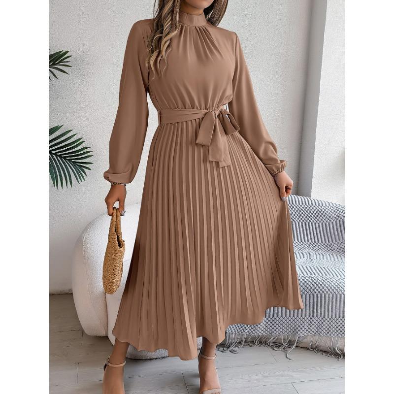 Spring and Autumn Elegant Stand Collar Long-sleeved Waist-fitting Pleated Women's Dresses