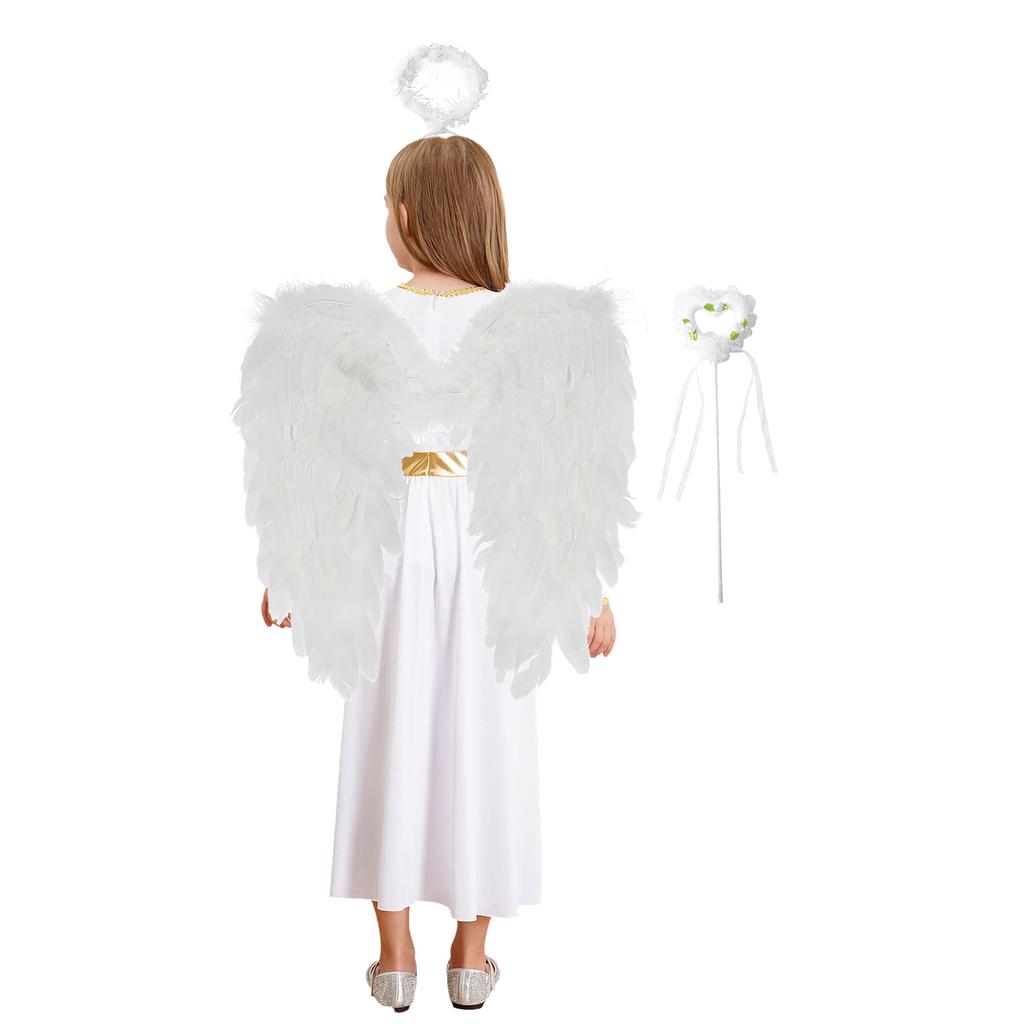 4 Piezas Disfraz de Ángel para Niñas Ropa de Cosplay Vestido Blanco de Manga Larga con Alas de Plumas Set de Diadema para Actuación de Halloween