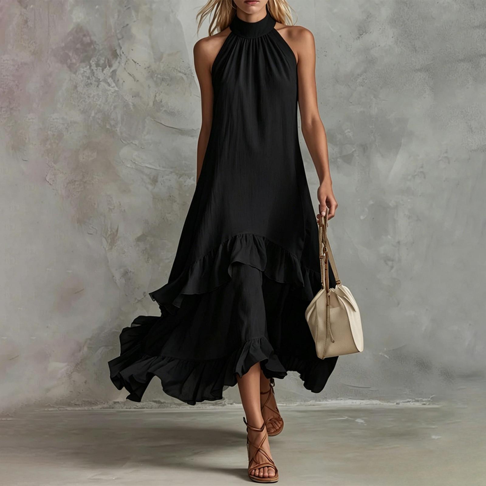Women Neck Maxi Dress Sleeveless Boho Swing Tiered Ruffle Hem Loose Fit Summer Flowy Long Dress S