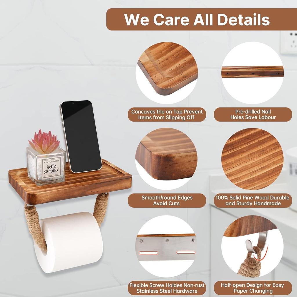 Farmhouse Toilet Paper Holder with Shelf Large, Nautical Rustic Rope for Beach Farmhouse Bathroom Decor Toilet Paper Roll Holder, Wood Bathroom