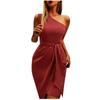 Damen Sommer One-Shoulder Kleider Slim Fit Lässig Gerüscht Cocktail Party Club Kleid Binden Taille