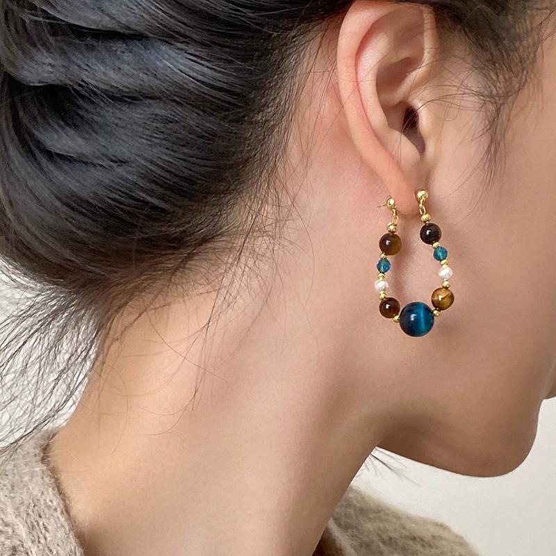 Vintage Handmade Beaded Earrings for Women Mix Color Tiger Eyes Stone Crystal Pearl Beads Drop Earrings Elegent Luxury Jewelry