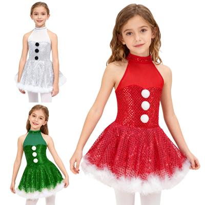 Vestido de Patinaje Artístico para Niñas Disfraz de Navidad de Muñeco de Nieve Ropa para Piruetas Sin Mangas Malla Lentejuelas Traje de Actuación