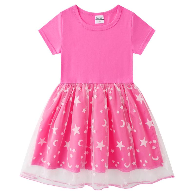 Korean Style Children's Princess Dress - Short/Long Sleeve with Stars, Rainbow Sequins, and Mesh Pleats for Spring, Summer, and Autumn