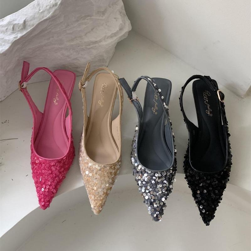 Fashion Bling Women Sandal Fashion Pointed Toe Shallow Slip On Ladies Elegant Slingback Shoes 4cm Med Heel Pumps Shoes