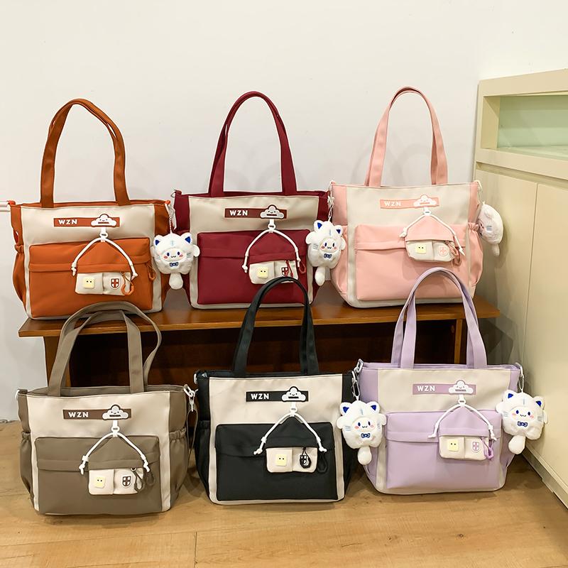 Student Handbag Women Color Block Crossbody Bag Large Capacity Classes Book Shoulder Bag with Coin Purse