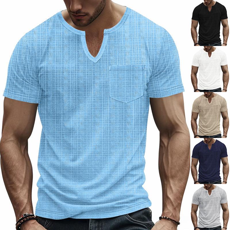 Herren Sommer T-Shirt, Faux Leinen Slub Locker Atmungsaktiv Sportlich Lässig V-Ausschnitt Kurzarm Tee