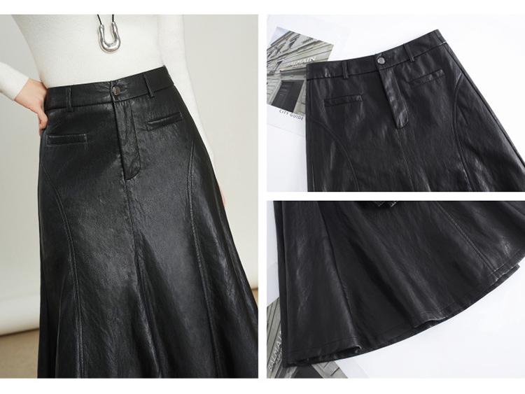 Women's Genuine Leather High Waist A-Line Midi Skirt - Autumn/Winter 2025 Fashion