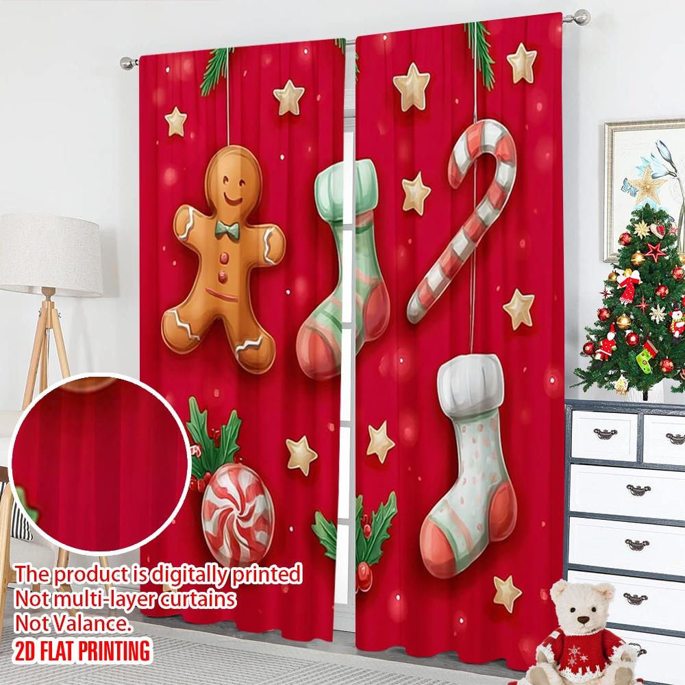 Set aus 2 flach bedruckten, hochwertigen Weihnachtsvorhängen mit stilvollen Elementen, einschließlich Lebkuchen, digital bedrucktes Polyester