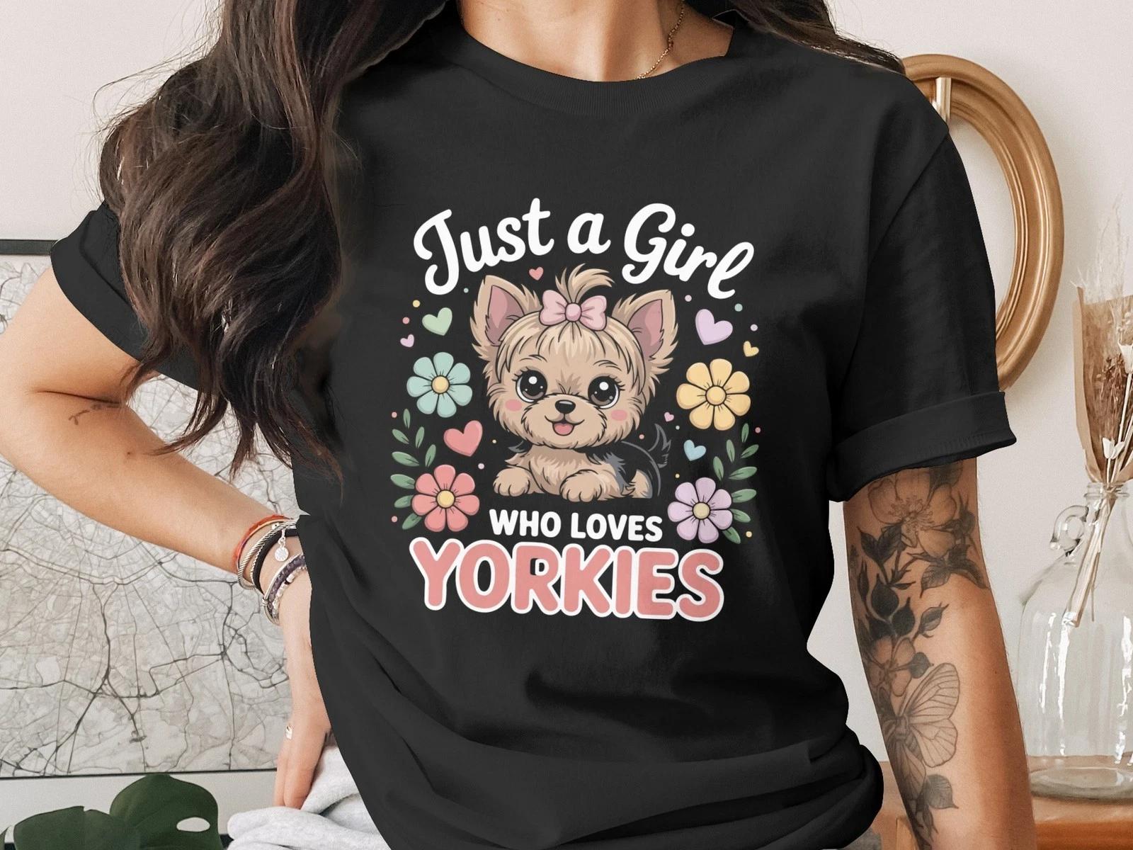 Yorkie Lover T-Shirt, Cute Dog Tee, Just a Girl Who Loves Yorkies, Floral Shirt L