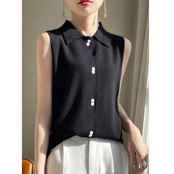 Women's Wool Knit Lapel Collar Sleeveless Base Layer Vest