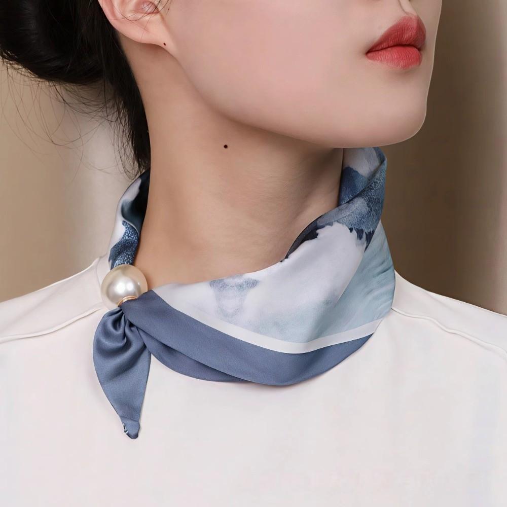 Lightweight Pearl Decoration Scarf Polyester Silk Scarf Luxury Magnetic Buckle Scarf Daily Wearing
