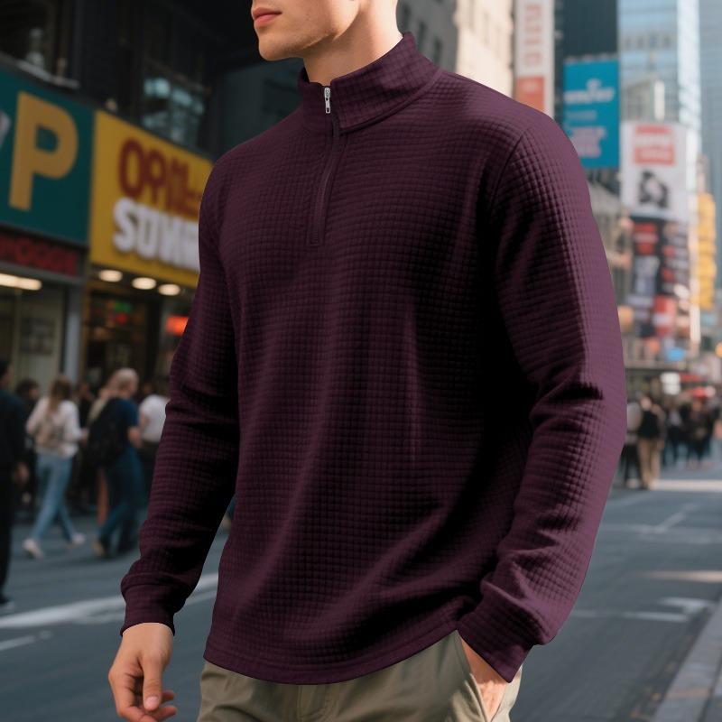 Men's Fashion Quarter Zip Small Plaid Sweatshirt, Stand Collar Long Sleeve Pullover for Spring Fall