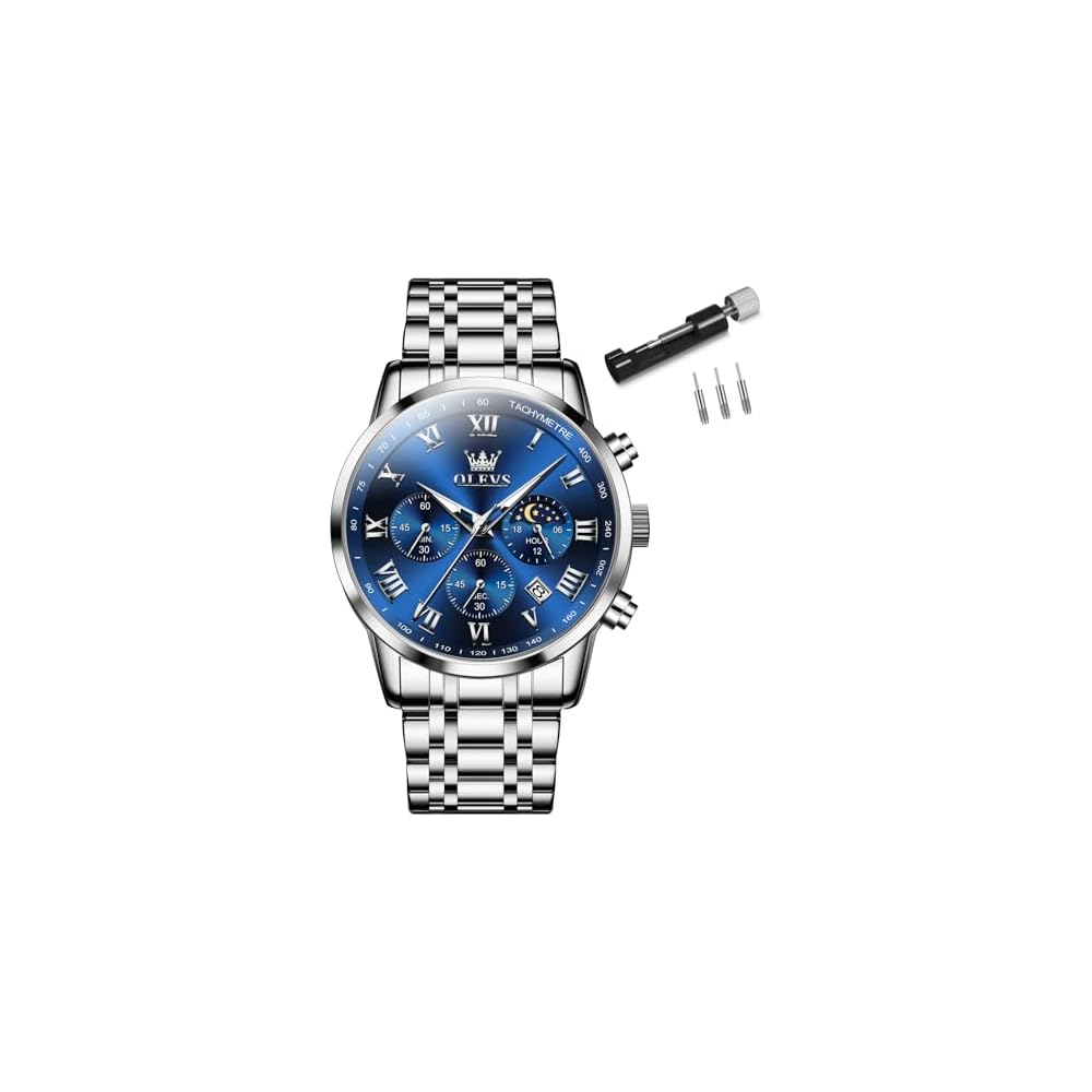 OLEVS Men s Analog Quartz Watch Silver Waterproof Business Style Stainless Steel Blue Dial