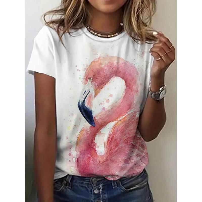 Moda Donna Girocollo Manica Corta Stampa Animale Colorata 3D T-shirt Manica Corta Girocollo con Animali