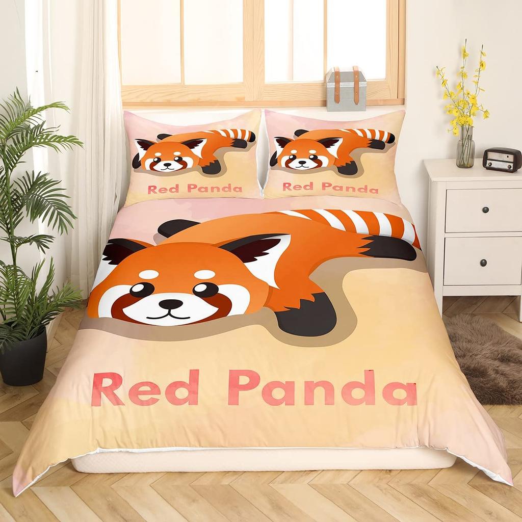 Cute Red Panda Duvet Cover King Size,Pink Love Stars Bedding Set Kawaii Cartoon Animals Comforter Cover Girly Sweet Quilt Cover