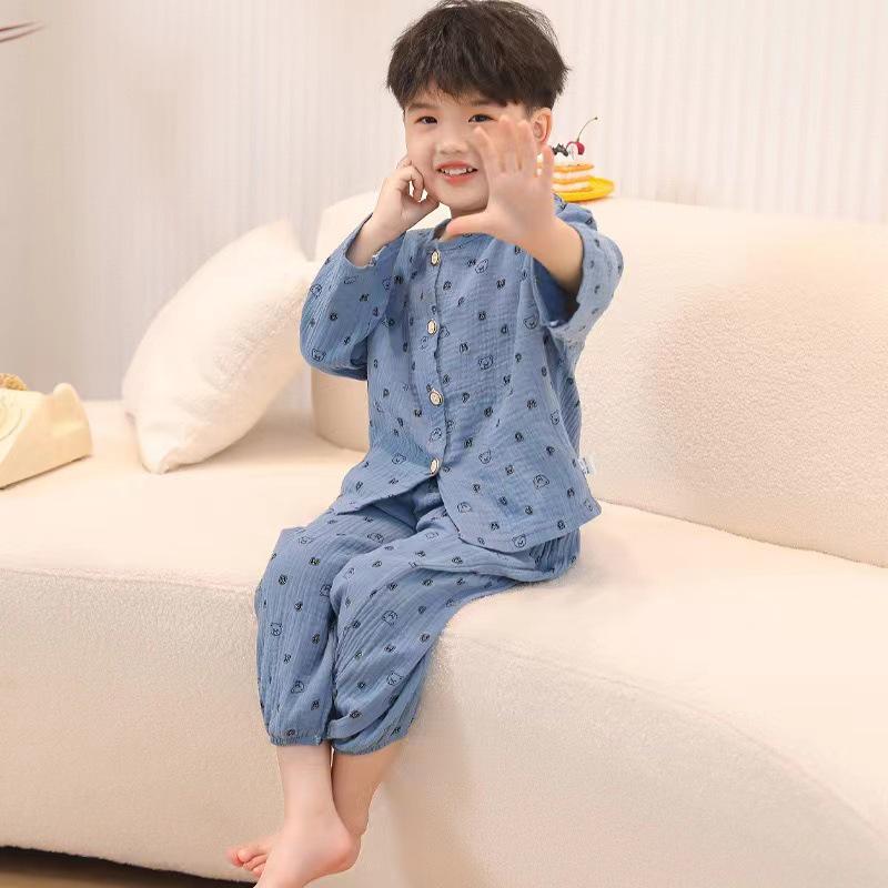 Kids' Cartoon Cotton Gauze Homewear Set - Nine-Sleeve, Unisex