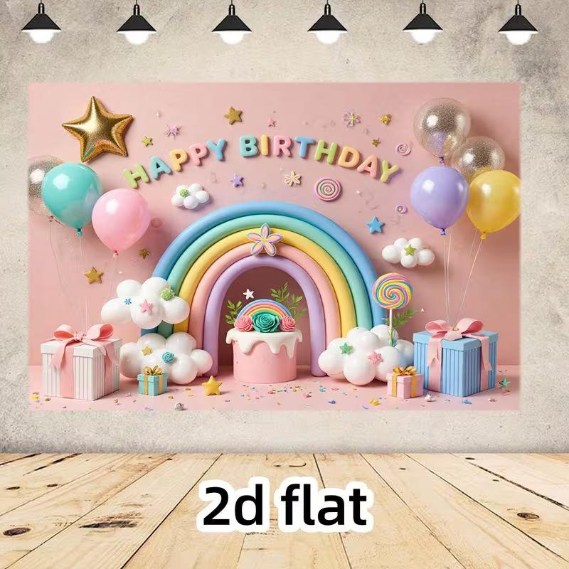 2D Pink Rainbow Birthday Backdrop Kids Party Photo Booth Background