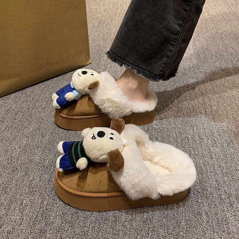 2025 Autumn and Winter New Outer Wear Cartoon Cute Puppy Fleece Cotton Slippers Women Non-slip Soft-soled Plush Slippers Women