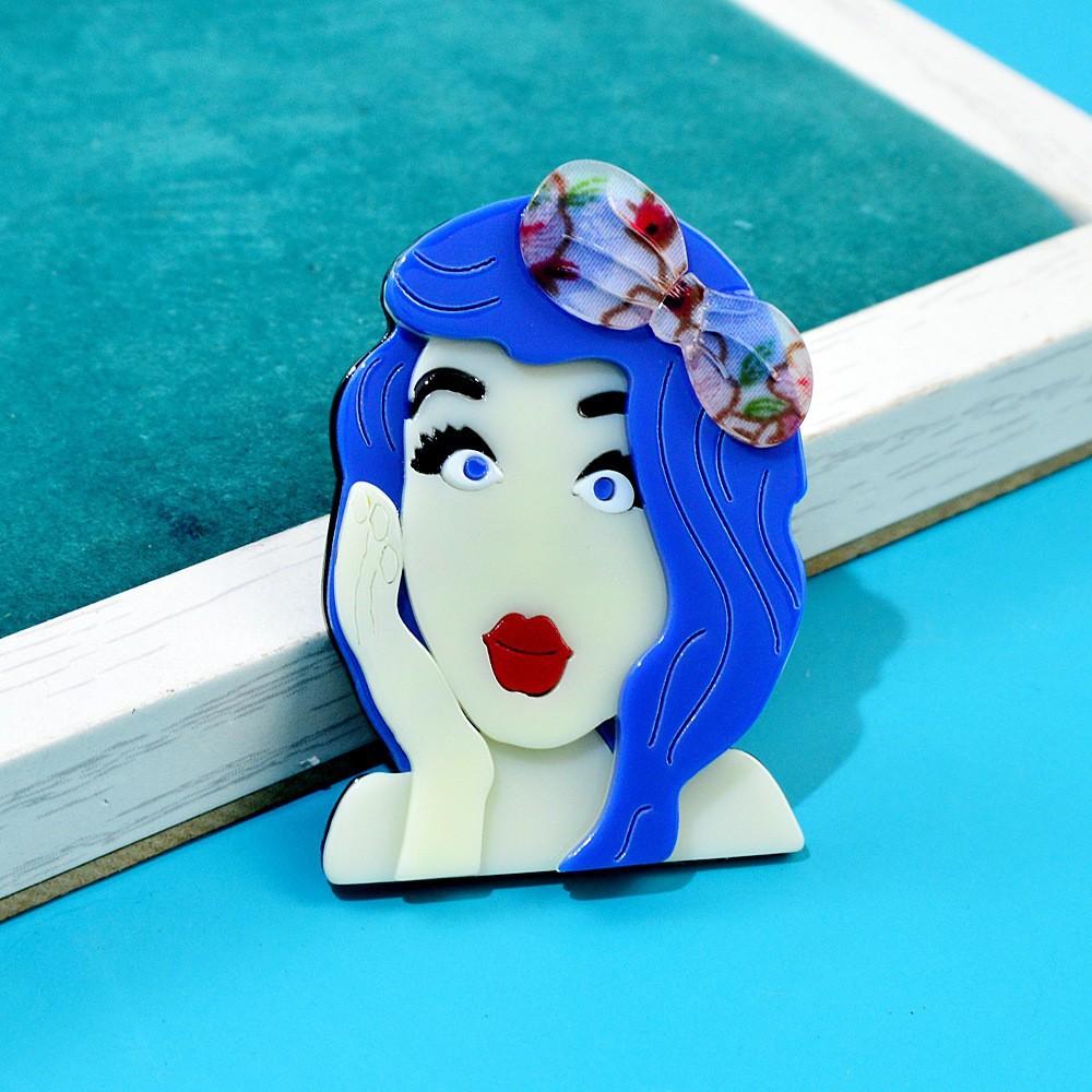 

Акриловый лист Красивые синие волосы Женская брошь Персонаж мультфильма Мода Горячая Распродажа Универсальный корсаж