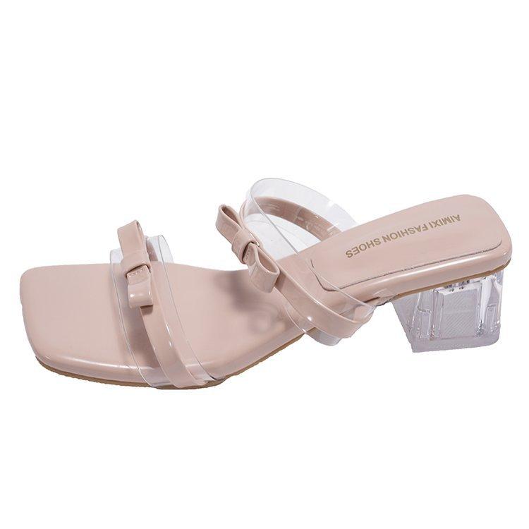 Square Head Bow Crystal Heel French Sandals Girl 2025 New Summer High Heel Fairy Style Thick Heel Sandals Sweet