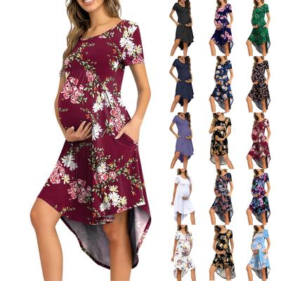 Women's Maternity High Waist Loose Round Neck Swing Pregnancy Casual Midi Dress With Pocket