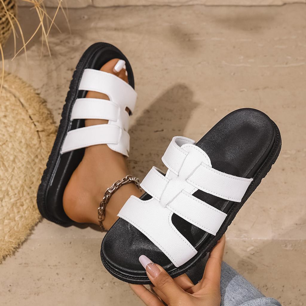 Mote Dameslippers Britisk Stil Roma Sko Damer Spenne Komfortable Myke Sommer Flate Plattformsandaler Metall Fritidsslippers Slides Damer