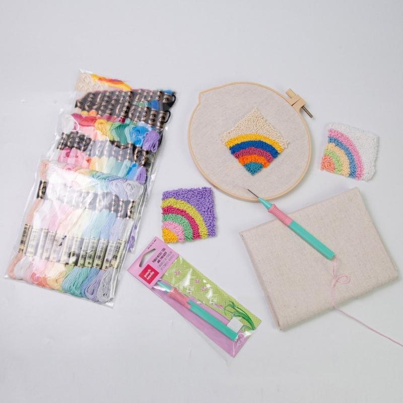 Beginner Punching Needle Embroidery Set Inlcudes 12 Color Yarn, Embroidery Cloth, Punching Needle Pen, Needle Threader