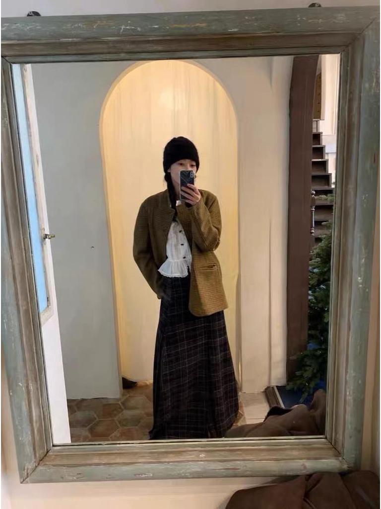 Viaplan Korean Autumn/Winter Elegant Retro Plaid Wool A-line Skirt