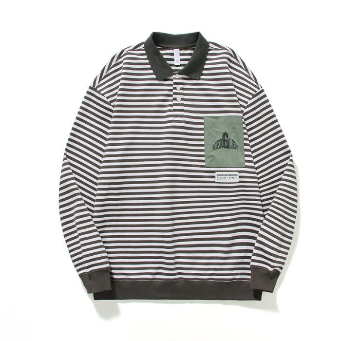 Autumn American Striped Polo Shirt Long-Sleeved Men S Loose Plus Size Sweater Heavy Trendy Men S Lapel Top M