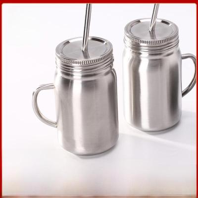 Double-Layer Stainless Steel Mason Jar Cup with Straw for Outdoor Camping