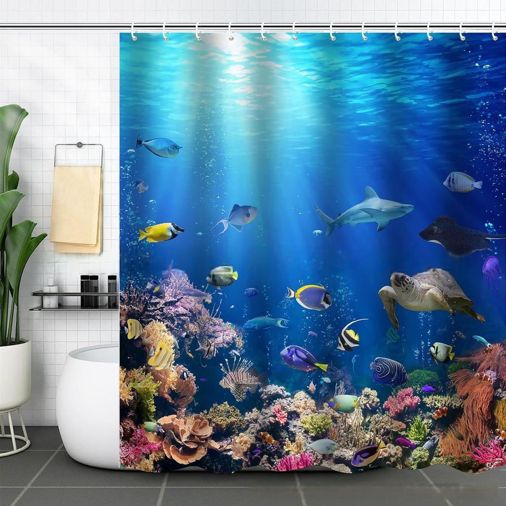 Coastal Turtle Shower Curtain Fish Coral Starfish Seashell Blue Ocean Beach Shower Curtains for Bathroom Waterproof Polyester Fa