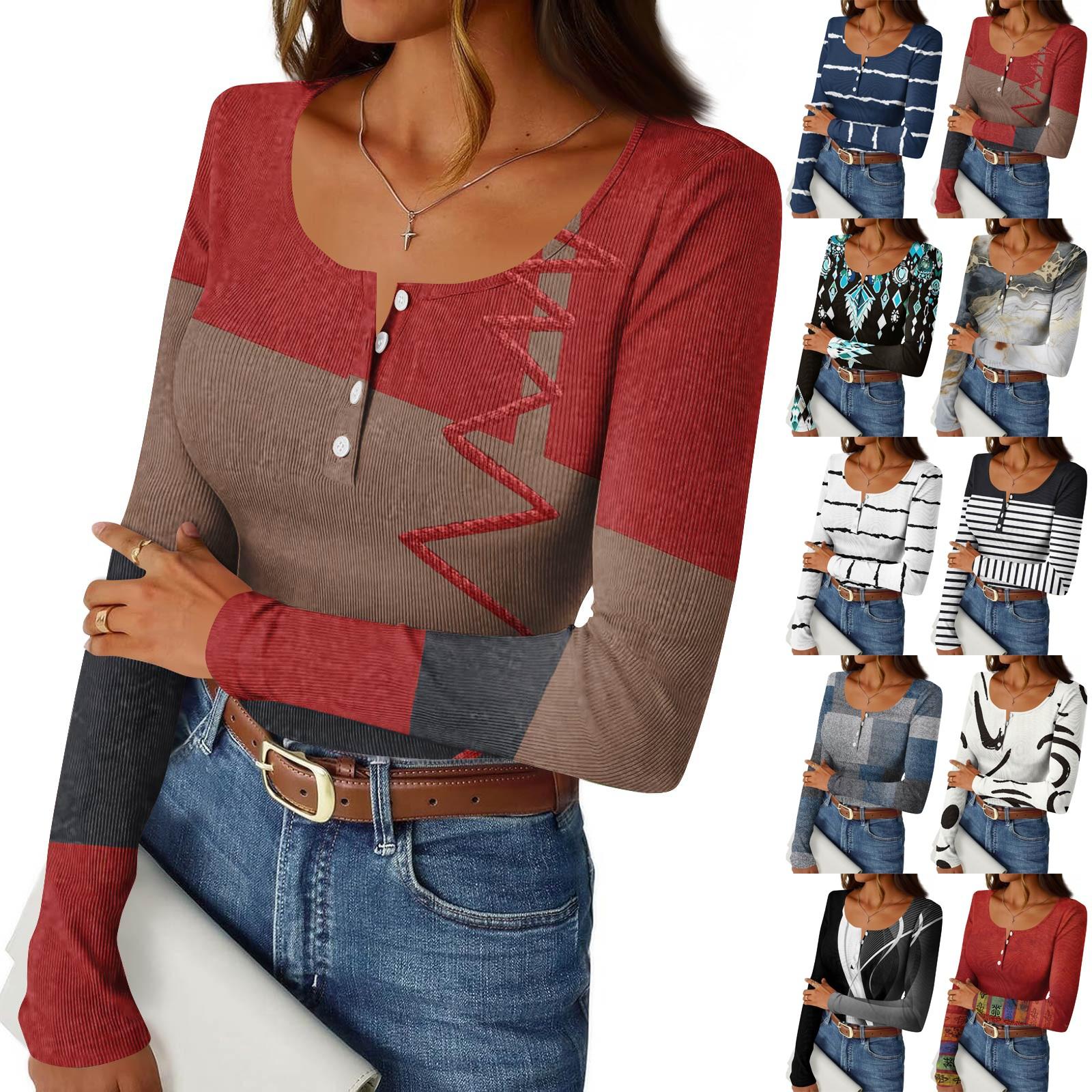 

Women s Slim Bottom T-shirt Fashion Casual Gradient Printing Round Neck Pullover Long Sleeve Top L винний