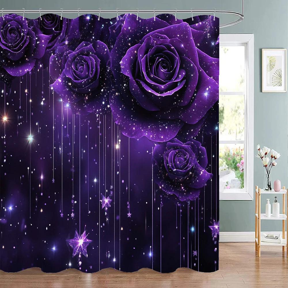 Shiny Purple Rose Flowers Shower Curtain, Bathroom Decorative Shower Curtain, Waterproof Shower Curtain with Hooks