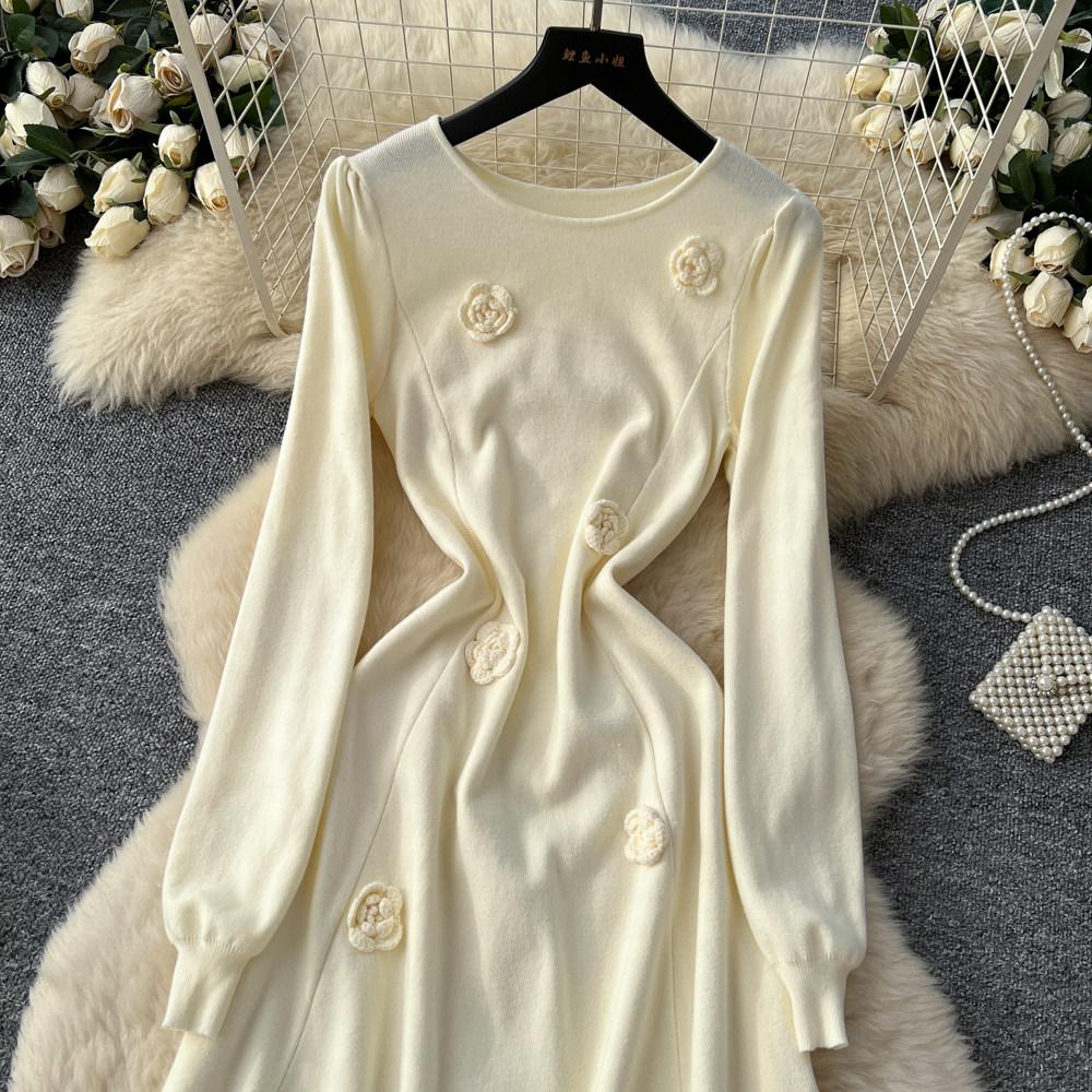 Autumn Winter Women Elegant 3D Flower Knitted Sweater Pullover Long Midi Christmas Party Dresses